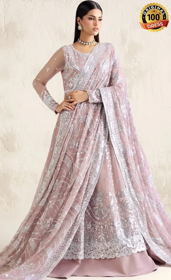 Farasha PK Embroidered Chiffon Mauve Pearl Dress (4)