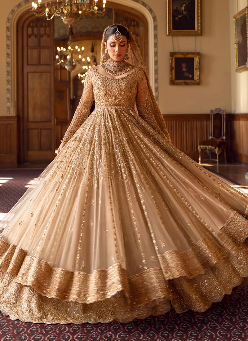Hand Embellished Golden Net Pishwas