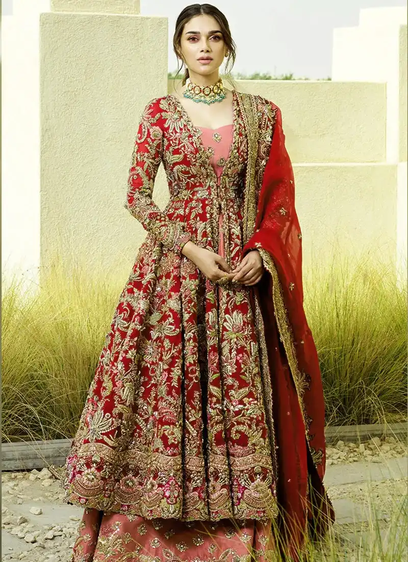 Red Open Frock with Embellished Lehenga