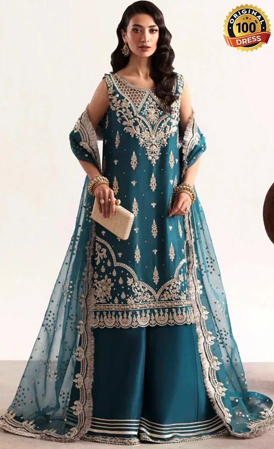 Akbar Aslam Embroidered Silk Teal Dress (1)