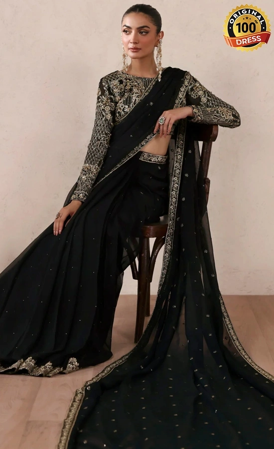 Asim Jofa chiffon saree with hand embellished embroidery and organza finishing