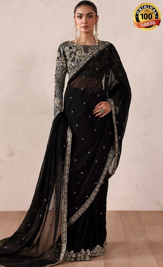 Embroidered Asim Jofa saree for wedding guests with patchwork and chatta patti detailing