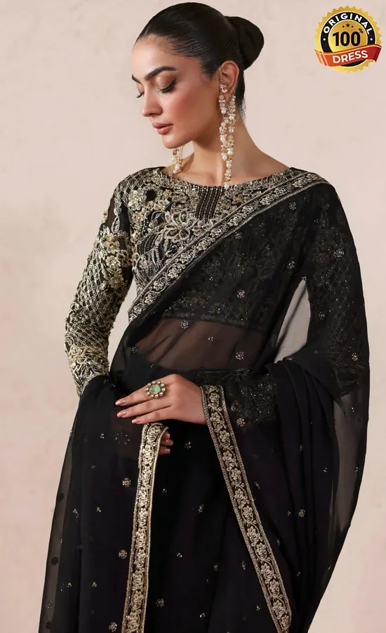 Pakistani Asim Jofa saree for wedding guests with embroidered chiffon and graceful formal styling
