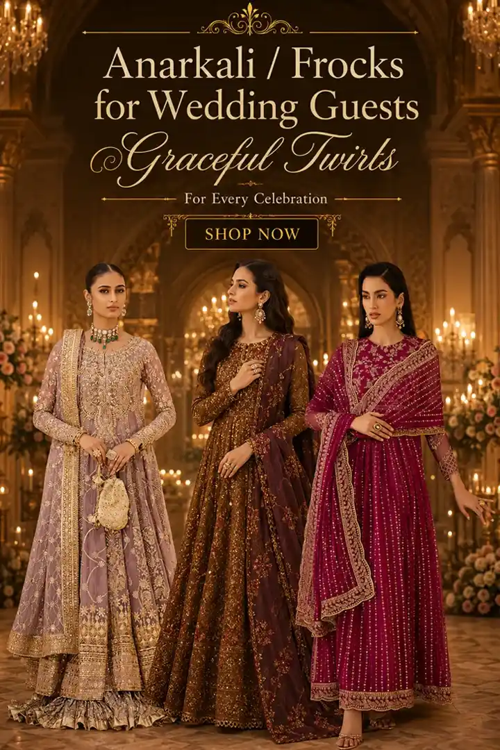 Anarkali frocks for wedding guests in mauve, brown and magenta embroidered designs