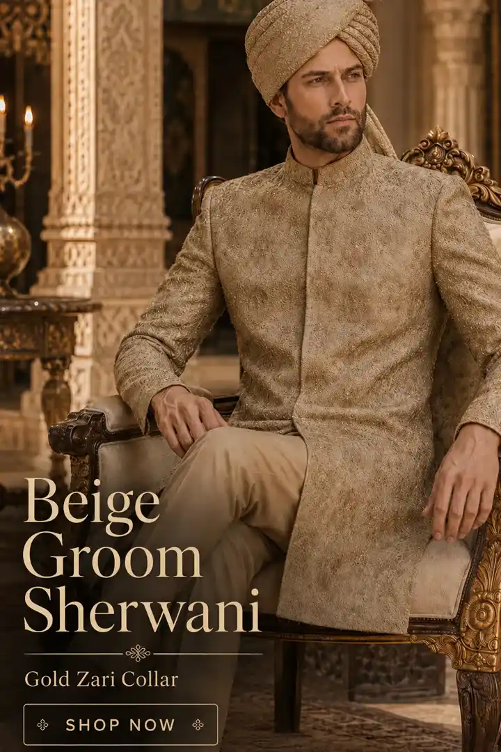 Beige groom sherwani with tonal embroidery, gold zari collar and matching turban