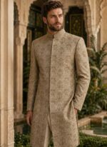 Beige sherwani for groom with tonal hand embroidery, silk Jamawar fabric and high band collar