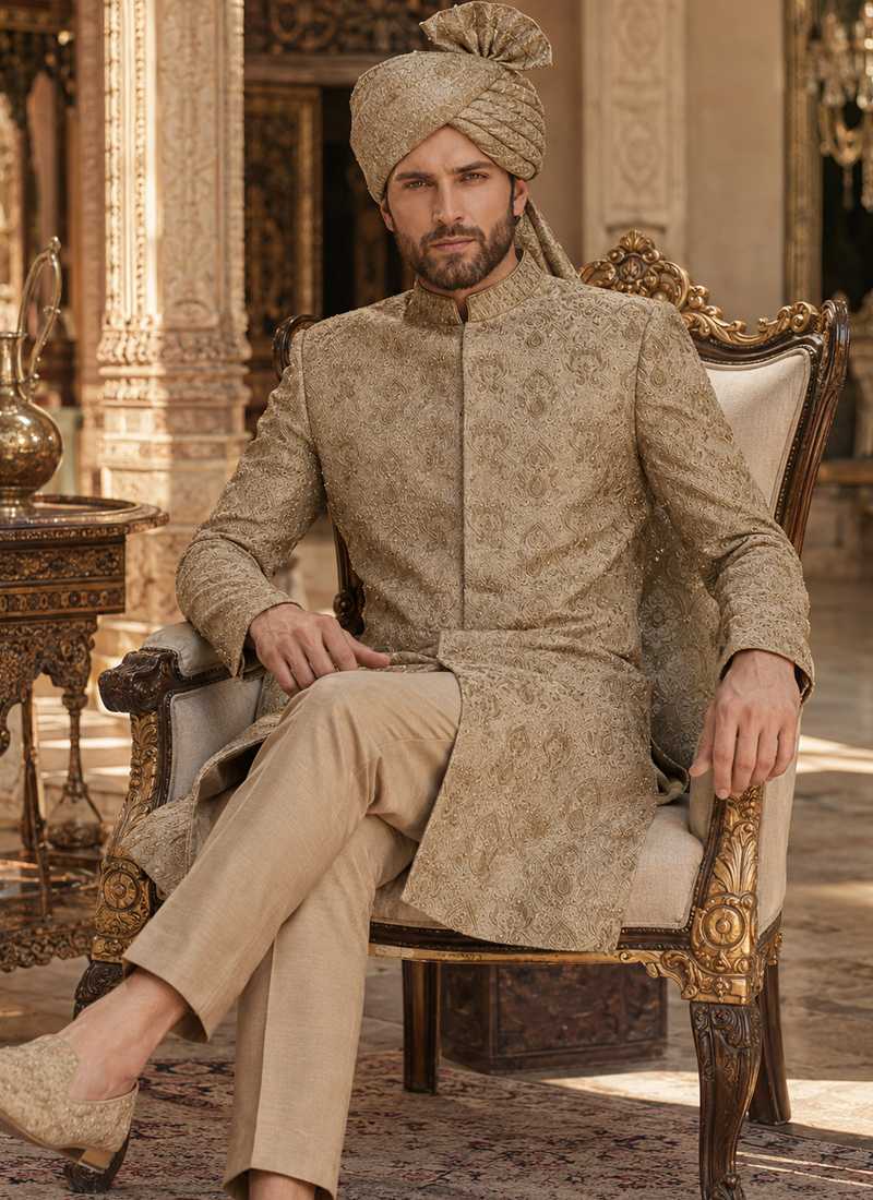 Seated groom in beige sherwani with matching turban, silk kurta pajama and beige-gold khussa