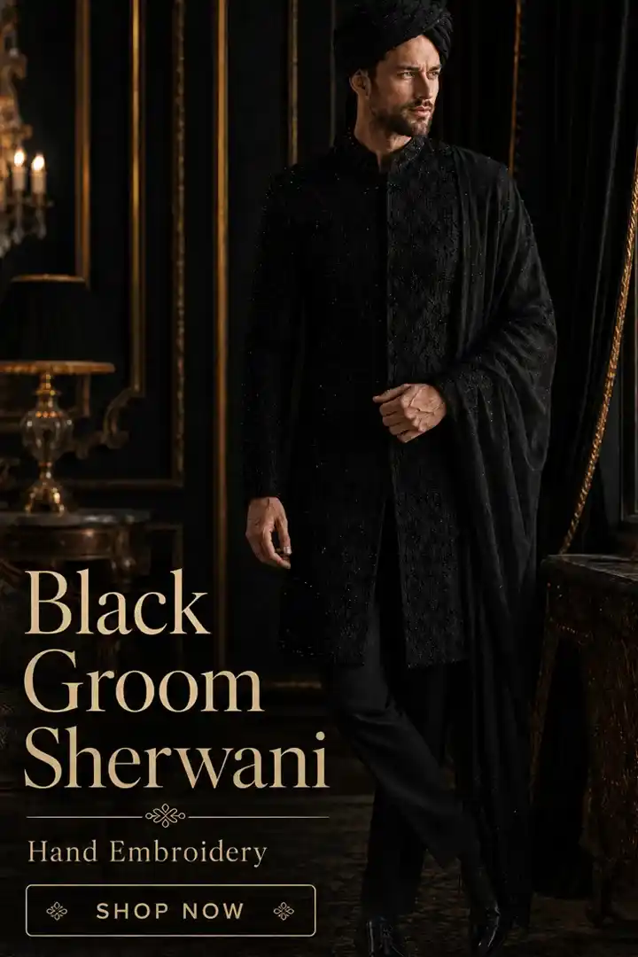 Black groom sherwani with detailed hand embroidery and matching black turban