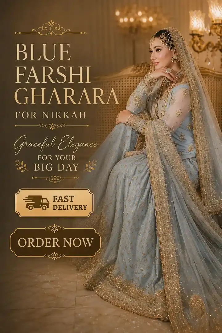 Blue Farshi Gharara for Nikkah with delicate gold embroidery and matching embellished dupatta
