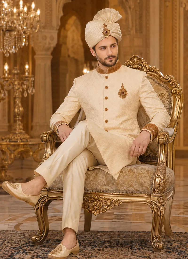 Seated groom in cream sherwani with gold zari collar, embroidered cuffs, matching turban and khussa
