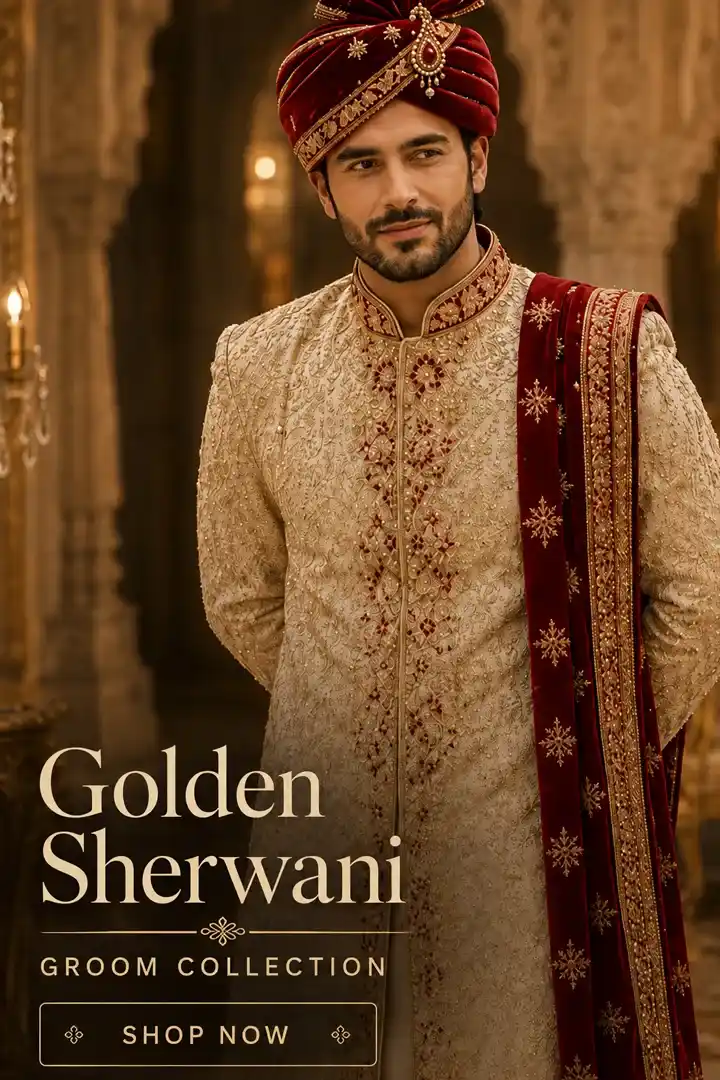 Golden groom sherwani with red embroidered wedding shawl and traditional red turban