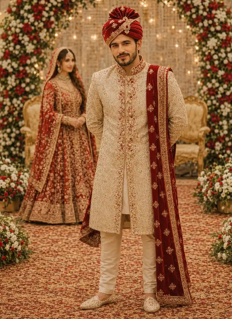 Pakistani groom in golden embroidered sherwani with red turban and velvet shawl at a wedding