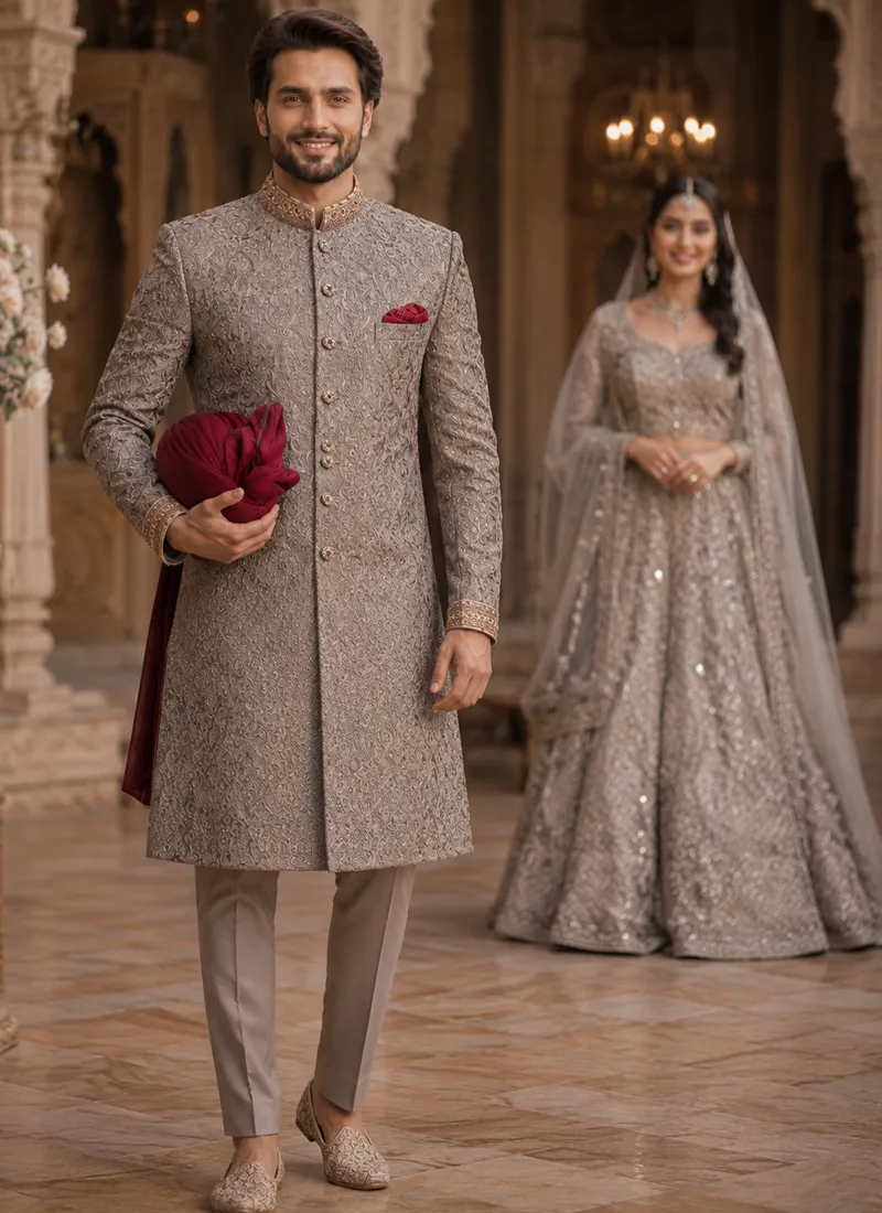 Full-length gray sherwani for groom with tonal hand embroidery, embellished buttons, matching trousers and khussa