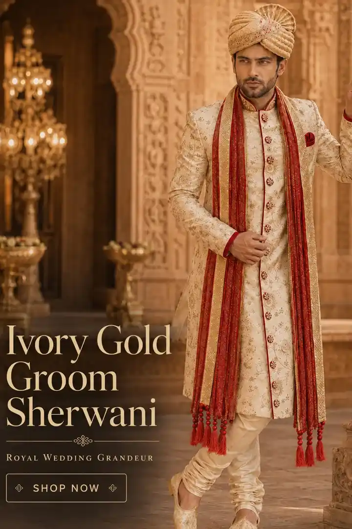 Ivory gold Pakistani groom sherwani with red embroidered shawl and matching turban