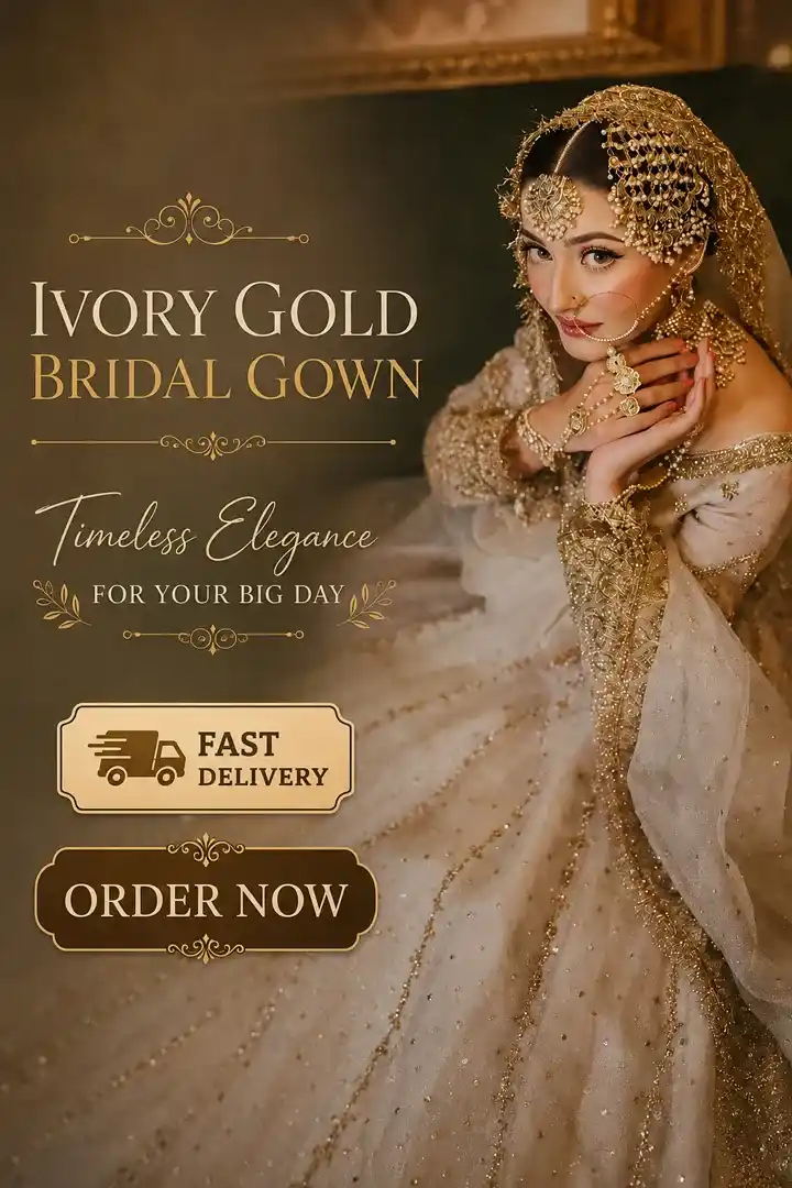 Ivory gold Pakistani bridal gown with intricate gold embroidery and embellished dupatta