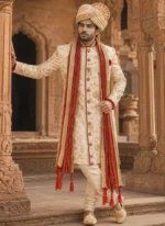 Full-length ivory Pakistani groom sherwani with gold embroidery, red shawl and ivory turban