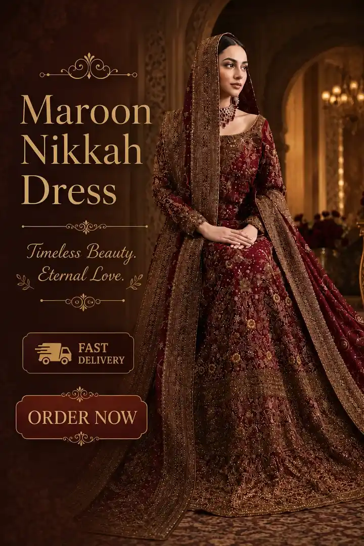 Maroon Pakistani Nikkah dress with heavy gold embroidery and matching embroidered dupatta