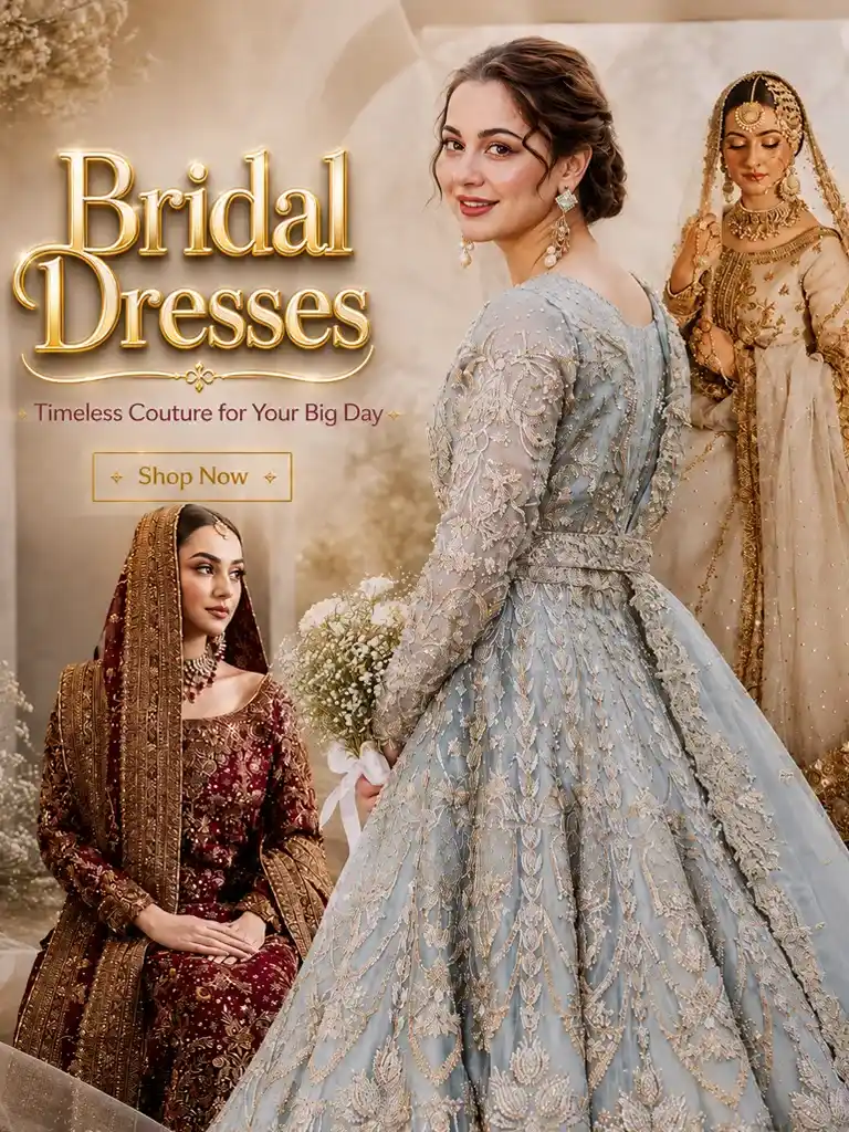 Pakistani bridal dresses featuring luxury embroidered bridal gowns and lehengas for brides in the USA