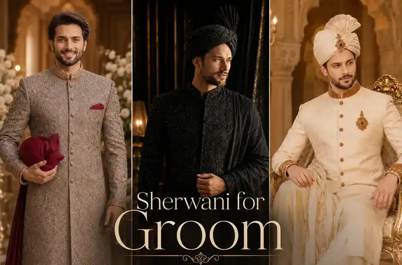 Sherwani for Groom category banner featuring three Pakistani groom sherwani styles in beige, black and ivory