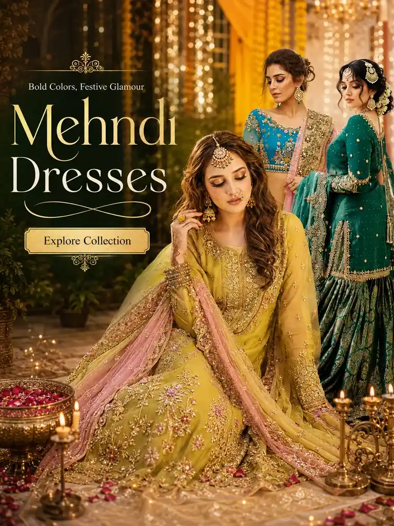 Pakistani Mehndi dresses in green, yellow and blue festive embroidered styles for wedding celebrations