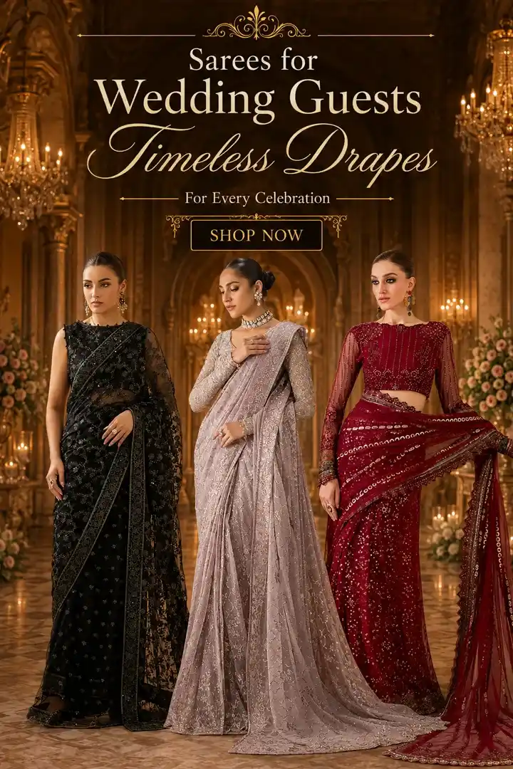 Pakistani sarees for wedding guests in black, lilac and maroon embellished styles