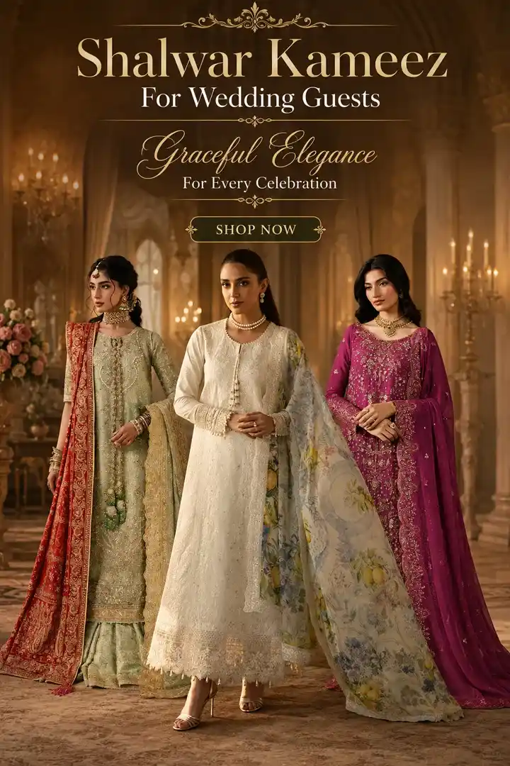 Pakistani shalwar kameez for wedding guests in sage green, ivory and magenta embroidered styles