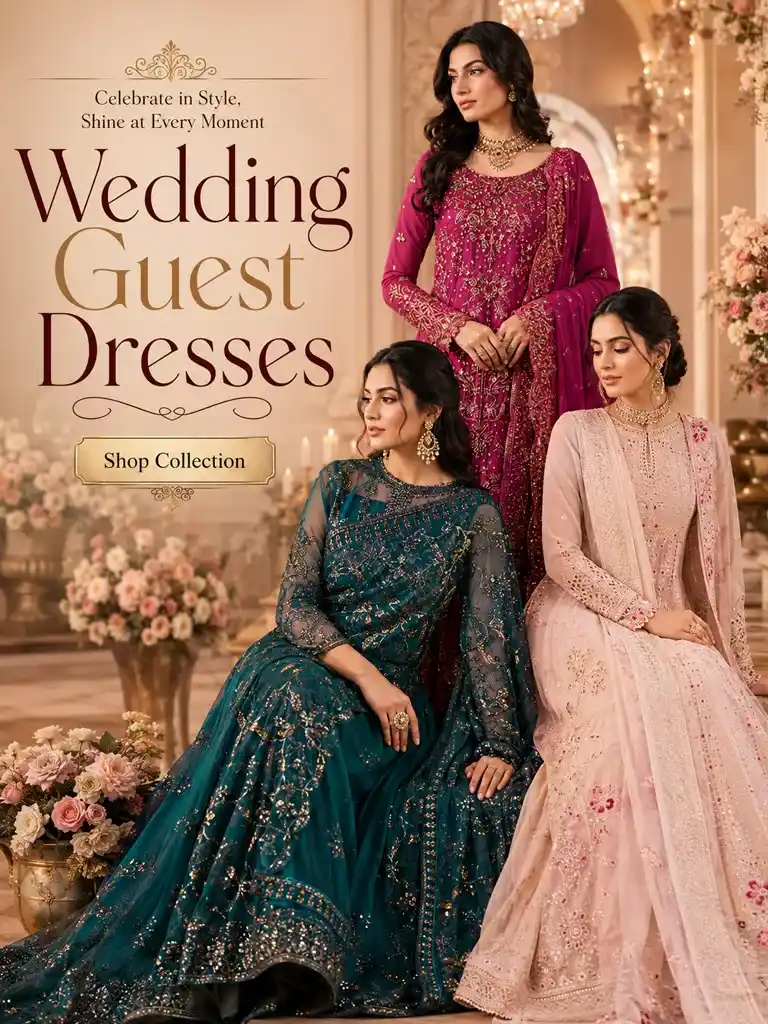 Pakistani wedding guest dresses for women featuring elegant embroidered formal wear and festive styles