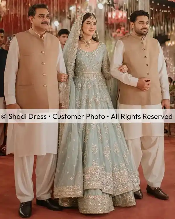Real Shadi Dress bride wearing an ice blue embroidered Pakistani bridal dress at her wedding event.