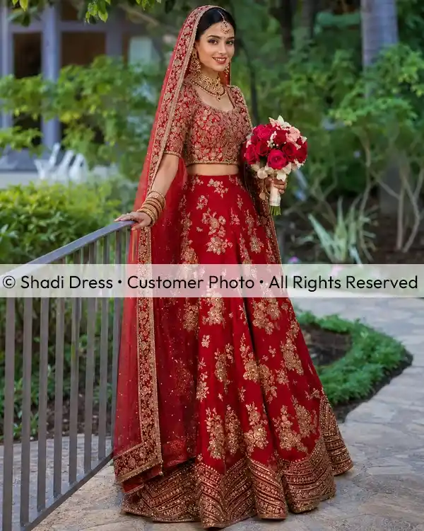 Real Shadi Dress bride wearing a red embroidered Pakistani bridal lehenga with gold detailing and matching dupatta.