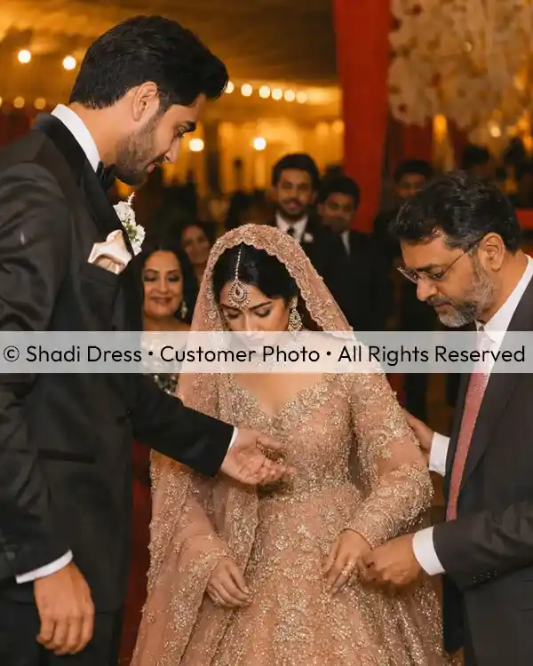 Real Shadi Dress bride wearing an embellished Pakistani bridal dress during her wedding ceremony.