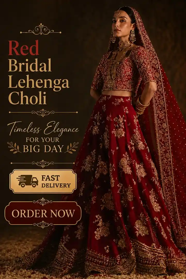 Red bridal lehenga choli with intricate gold embroidery and matching bridal dupatta
