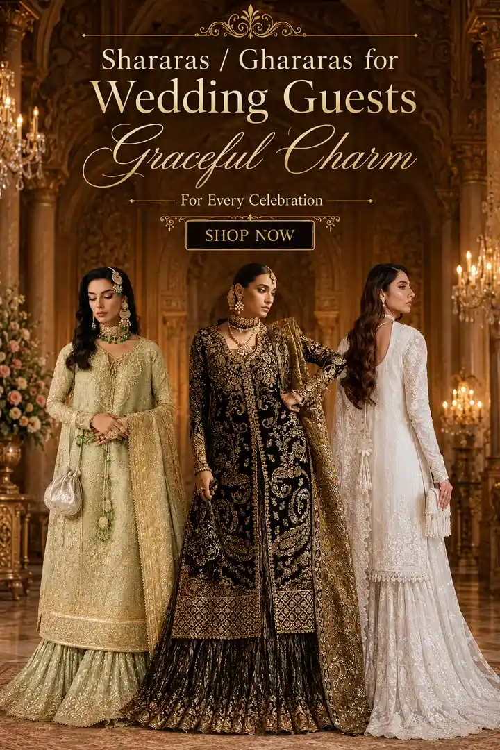 Sharara and gharara dresses for wedding guests in sage green, black and ivory embroidered styles