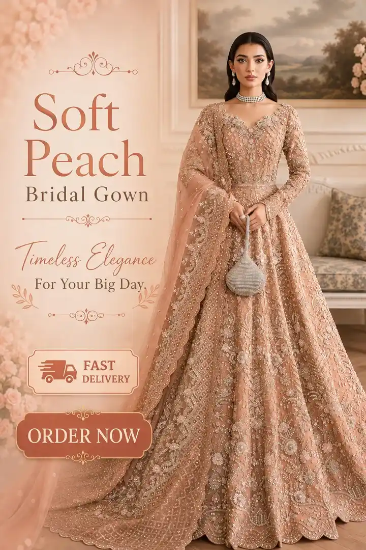 Soft peach Pakistani bridal gown with detailed embroidery and matching dupatta