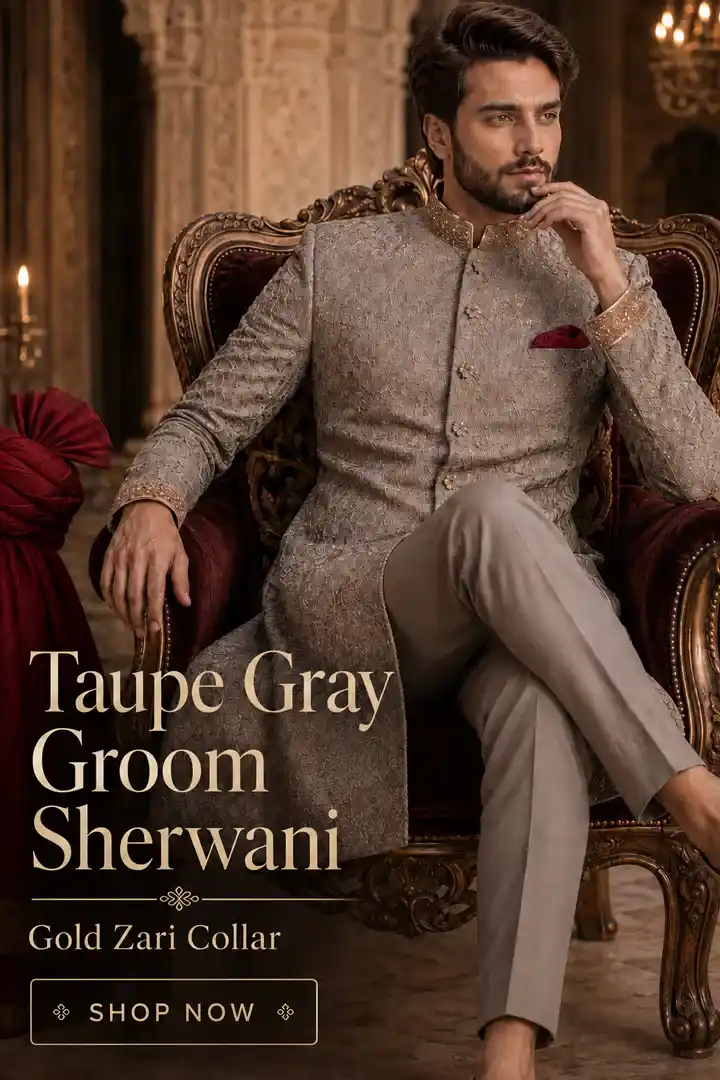 Taupe gray groom sherwani with intricate embroidery and gold zari collar