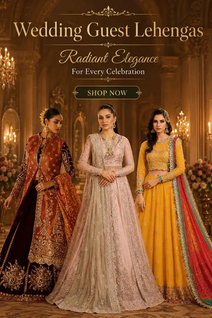 Pakistani wedding guest lehengas in rust, blush pink and yellow embroidered styles