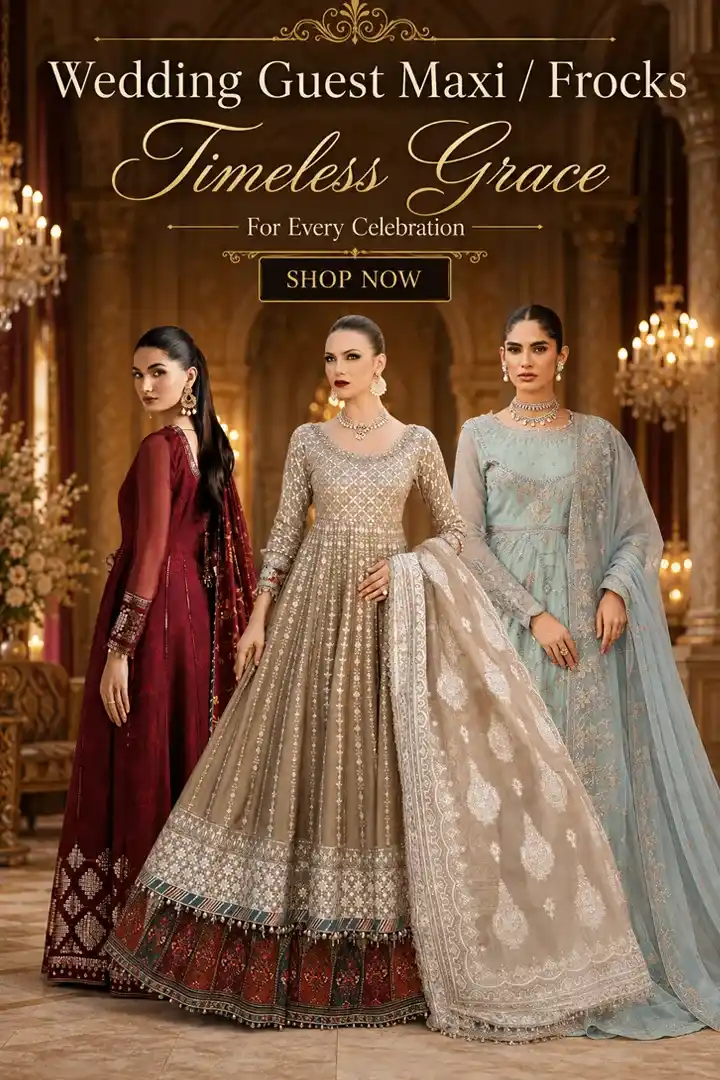 Wedding guest maxi and frock dresses in maroon, champagne and pastel blue embroidered styles