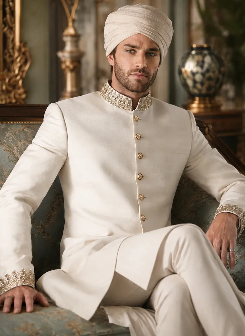 Seated groom in a white and gold wedding sherwani with zari collar, embellished buttons and ivory turban