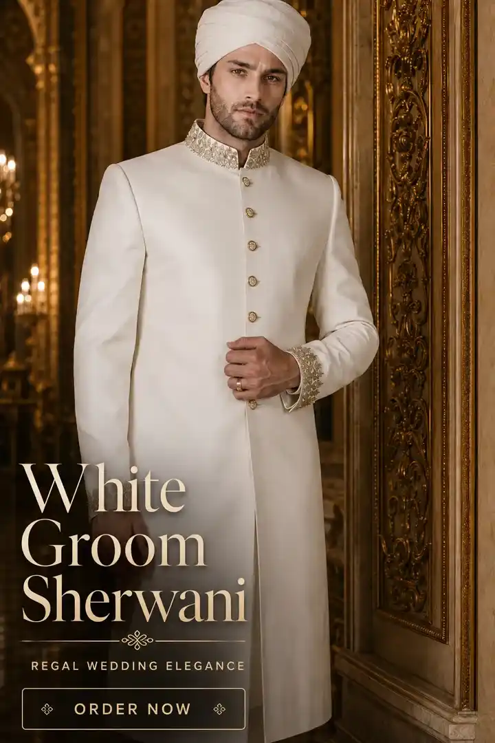 White groom sherwani with gold embroidered collar and cuffs for a Pakistani wedding