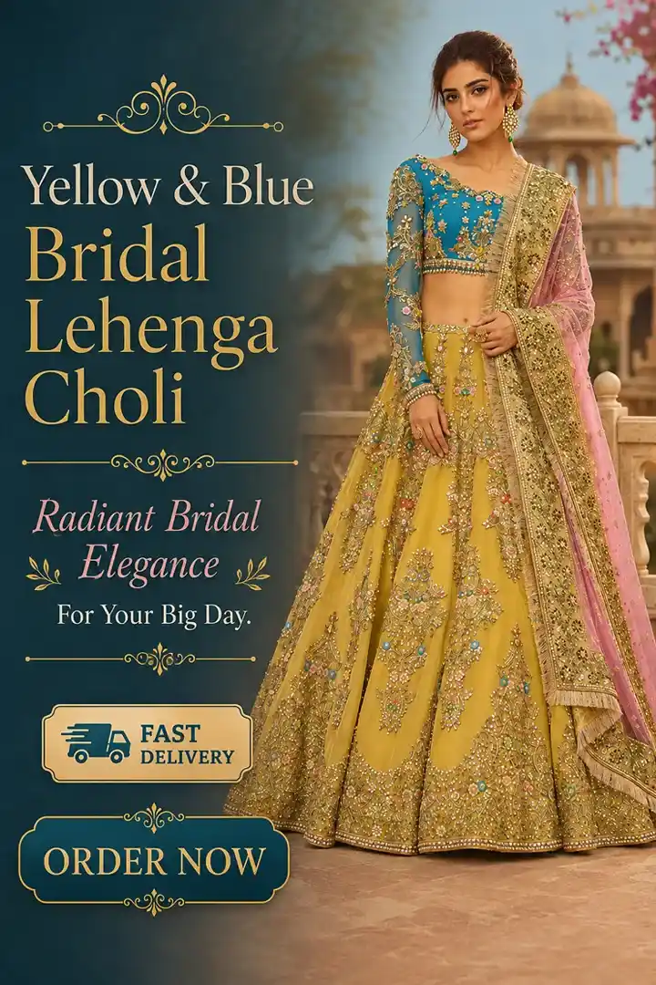 Yellow and blue bridal lehenga choli with colorful embroidery and pink embellished dupatta