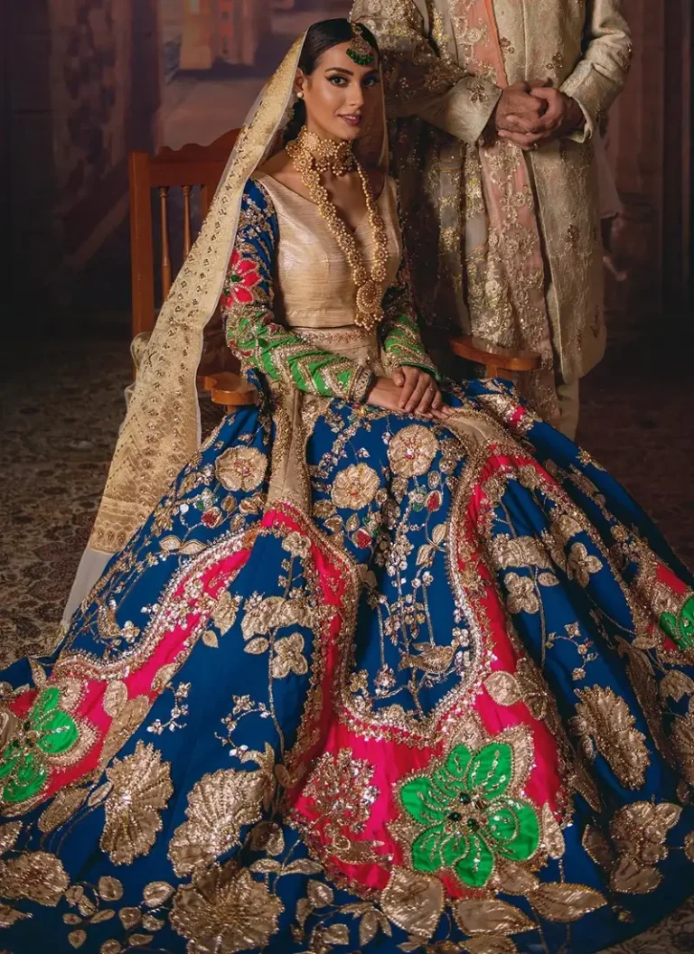 Blue Lehenga for Nikah Ceremony Blue lehenga for Nikah ceremony with intricate hand embroidery and graceful bridal styling