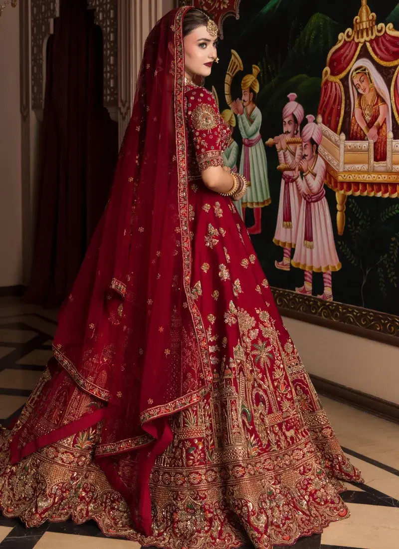 Candy Red Indian Bridal Lehenga Choli — Architectural Motifs Video