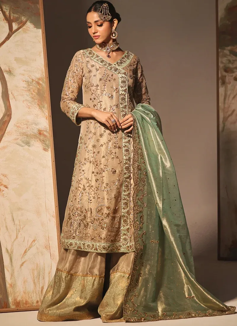 Champagne Gold Bridal Angrakha with Flapper Trousers Champagne gold salwar kameez with Laama silk Angrakha shirt, Masuri shalwar and contrast mint Masuri dupatta
