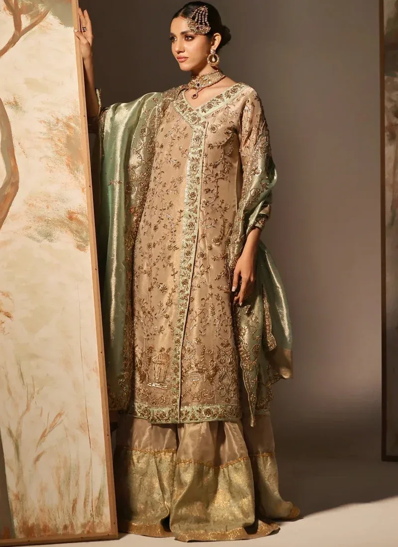 Champagne gold wedding Angrakha with flared Masuri shalwar, embroidered cuffs and mint dupatta