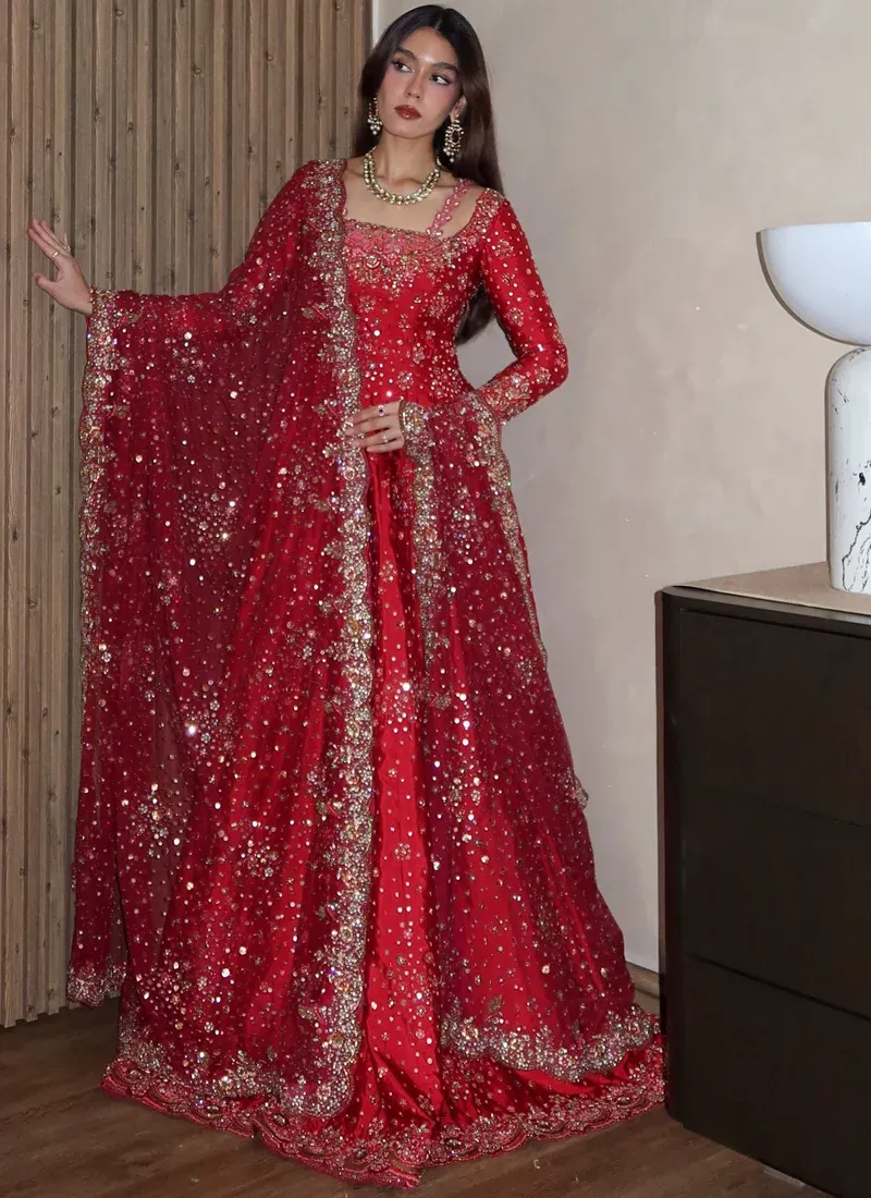 Crimson Red Bridal Pishwas with Resham Work Crimson red Indian bridal Pishwas with intricate resham floral embroidery