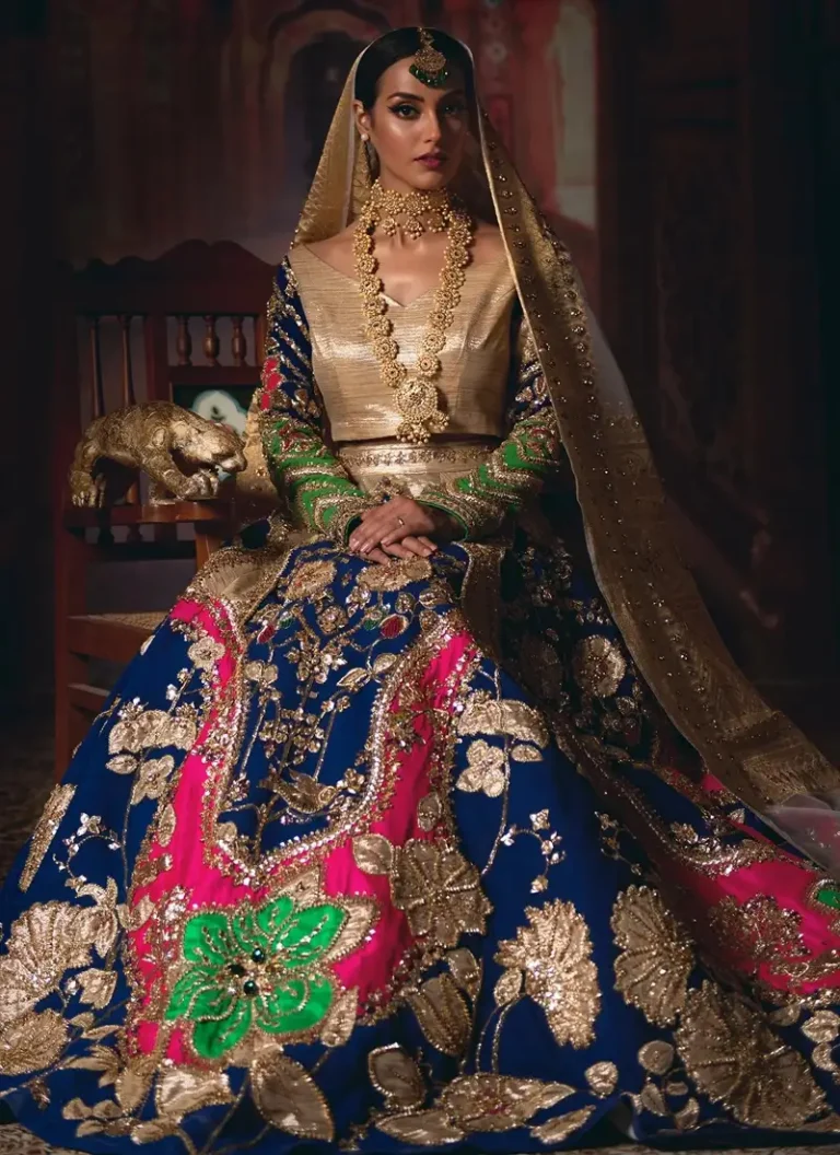 Embroidered blue bridal lehenga with traditional Eastern bridal detailing and handcrafted embellishments