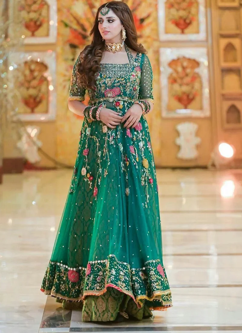 Emerald green floral bridal Pishwas in organza with multicolor embroidery, Jamawar trousers and a silk dupatta