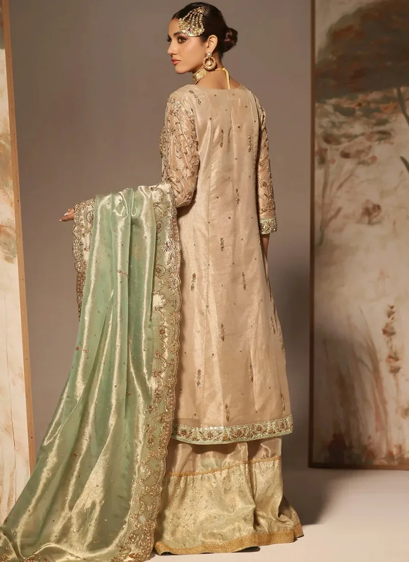 Pakistani champagne gold Angrakha with mint-edged wrap V, gold floral embroidery and full sleeves