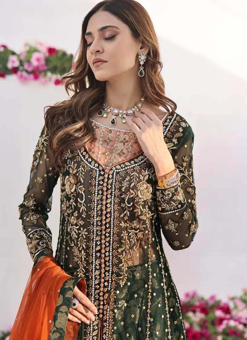 Bottle Green Open Gown with Orange Dupatta Video