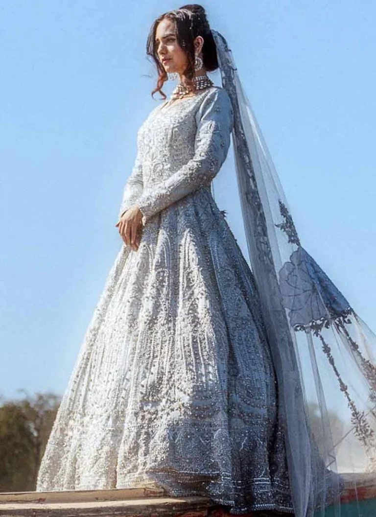 Pakistani ice blue bridal maxi with detailed hand embroidery and elegant wedding wear finishing