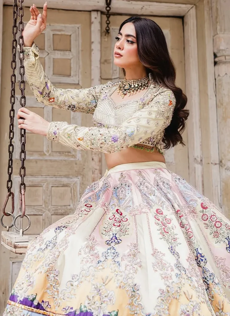 Pakistani Walima bridal lehenga with detailed hand embroidery and elegant wedding wear finishing